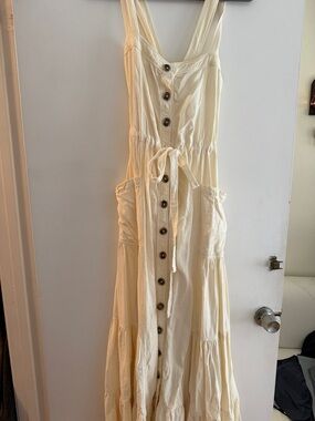 Free People Cream Button-Front Maxi Dress with Tie Waist